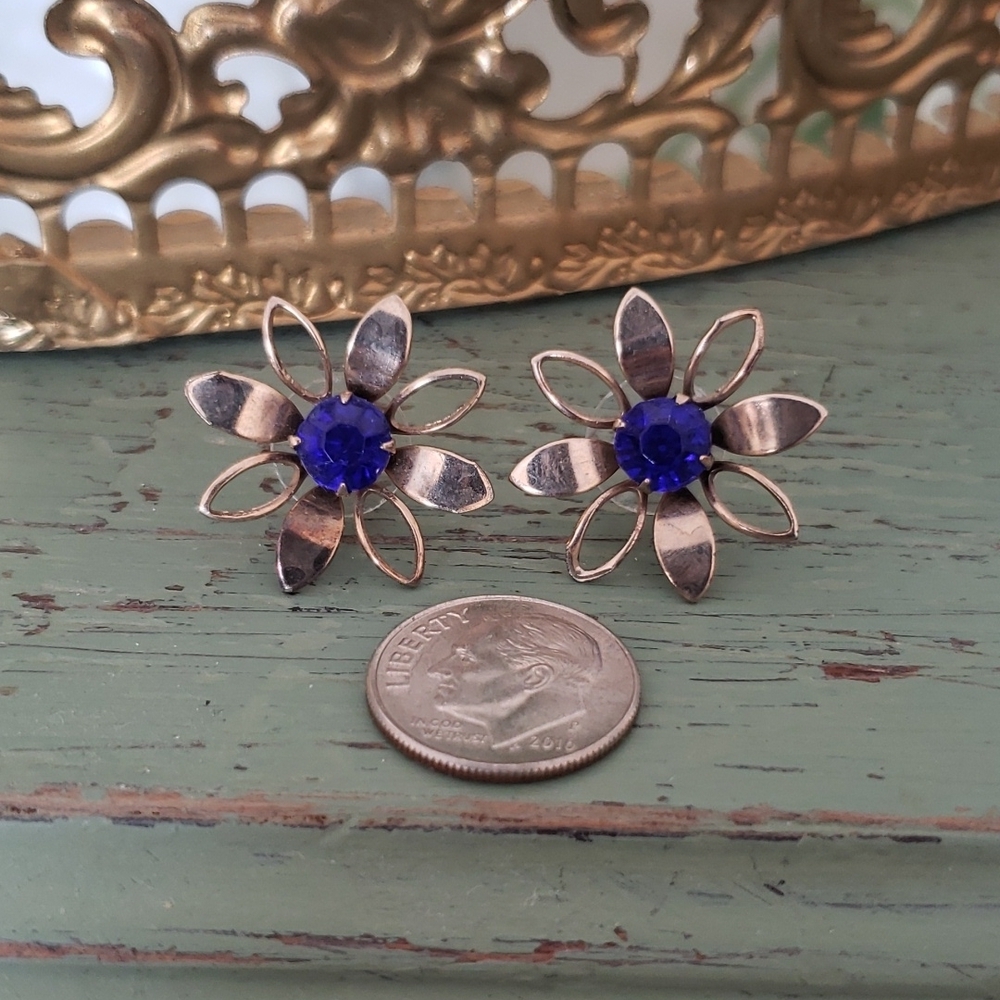 Vintage Gold Blue Rhinestone Reworked Stud Earrings - Picture 2 of 3